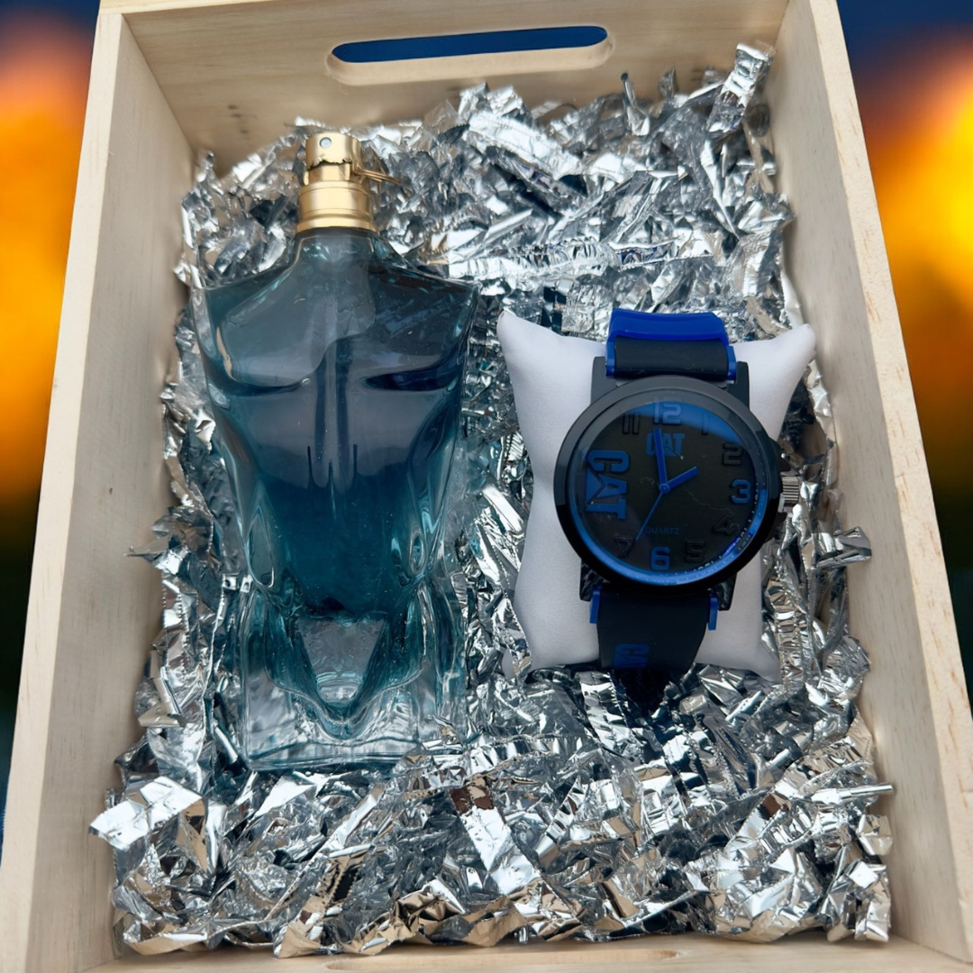 Combo Reloj Goma +Perfume+Caja