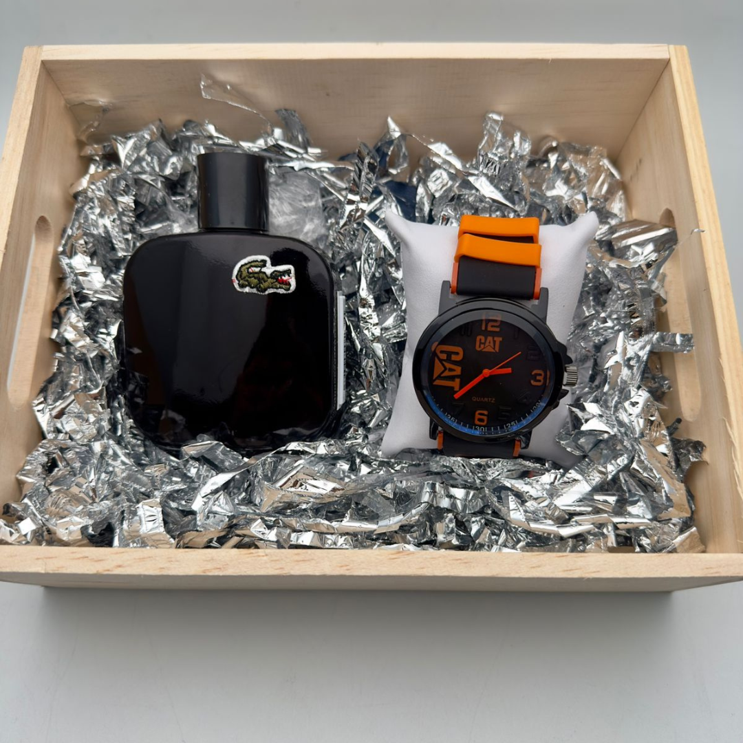 Combo Reloj Goma +Perfume+Caja