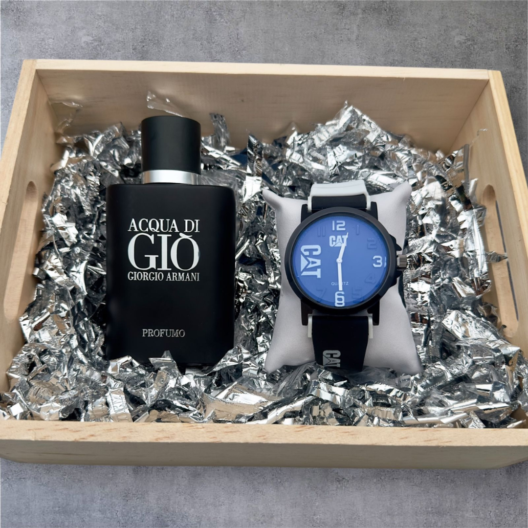Combo Reloj Goma +Perfume+Caja